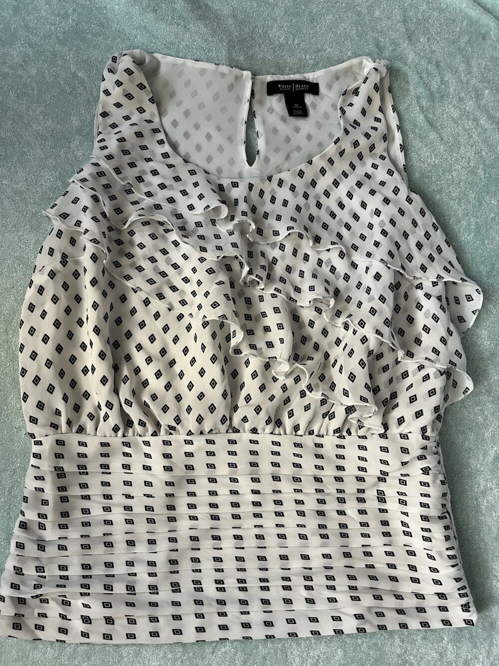 White House Black Market Geometric Ruffle Smocked Blouse White Black M